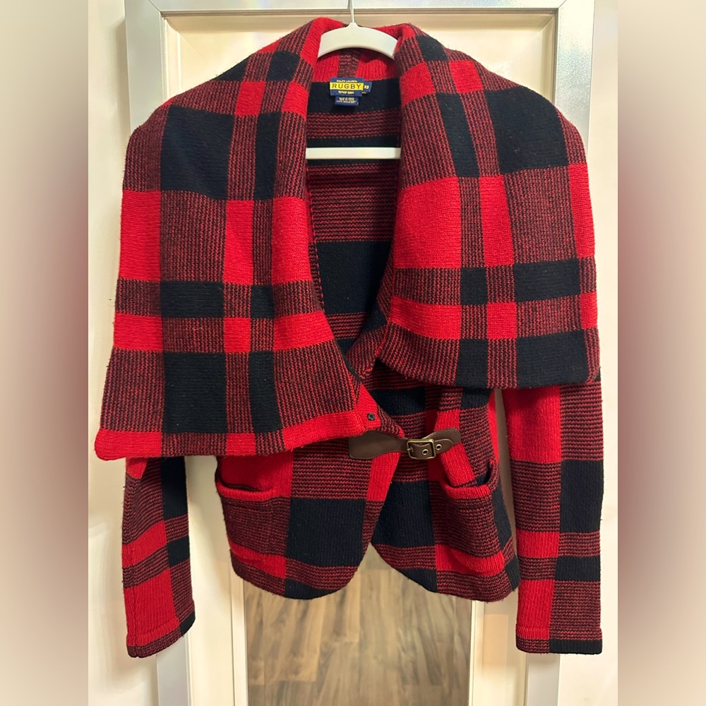 RUGBY RALPH LAUREN plaid sweater jacket with oversized collar